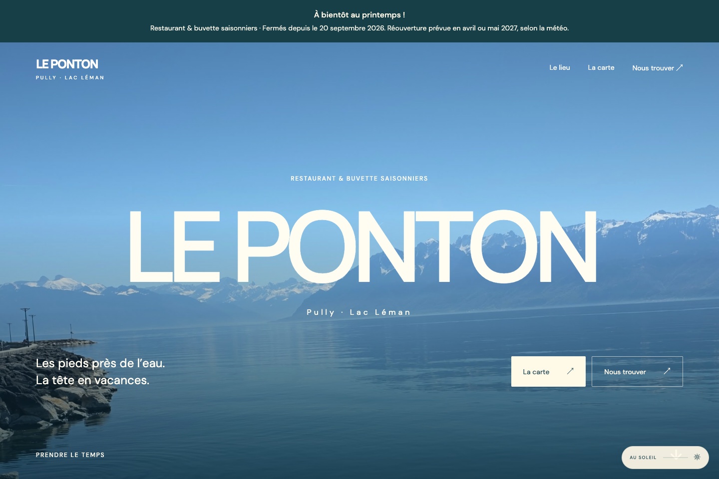 Nouveau site du Ponton : photographie immersive du Léman et navigation vers la carte et les accès.